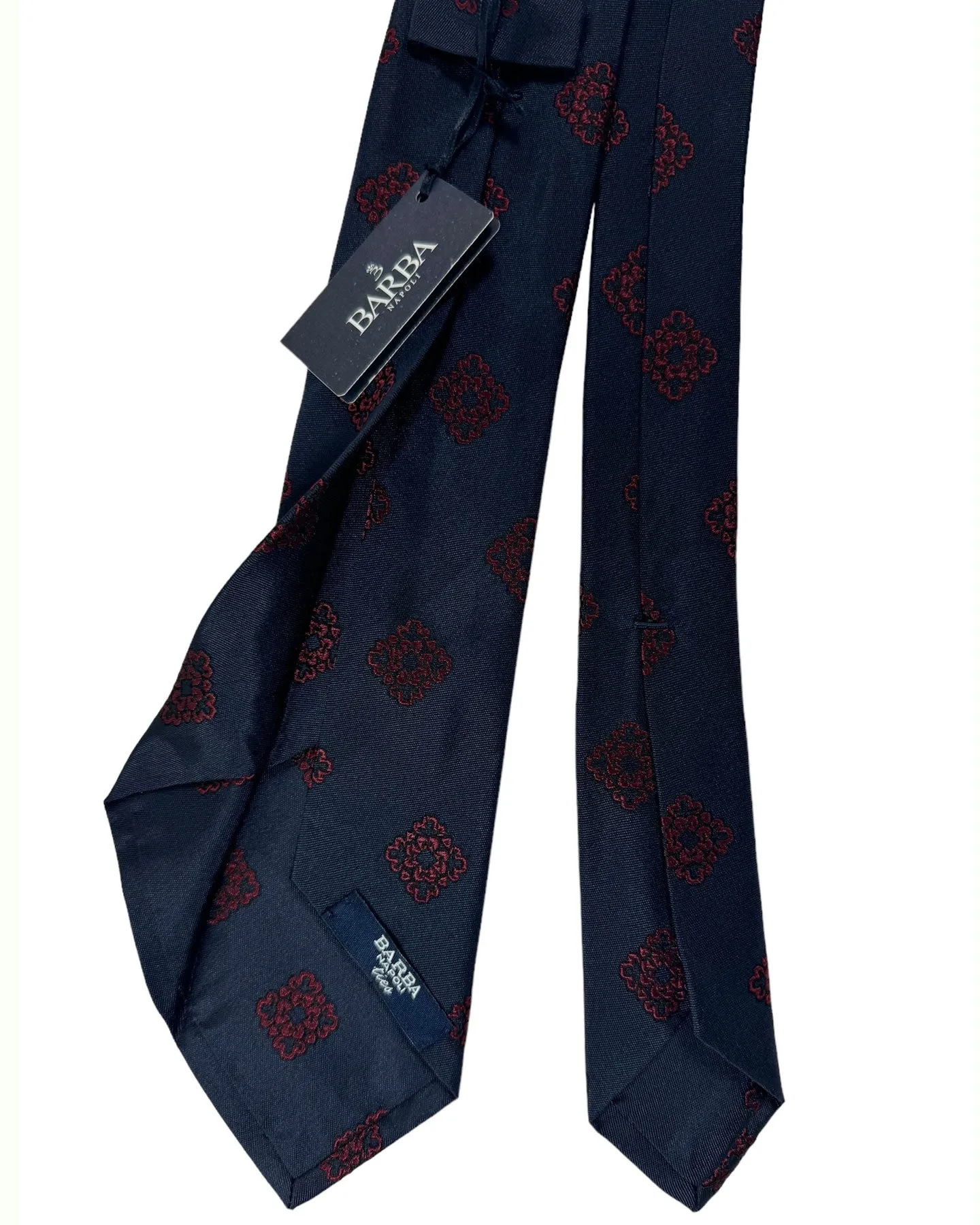 Barba Sevenfold Tie Midnight Blue Magenta Medallions Design - Sartorial Neckwear