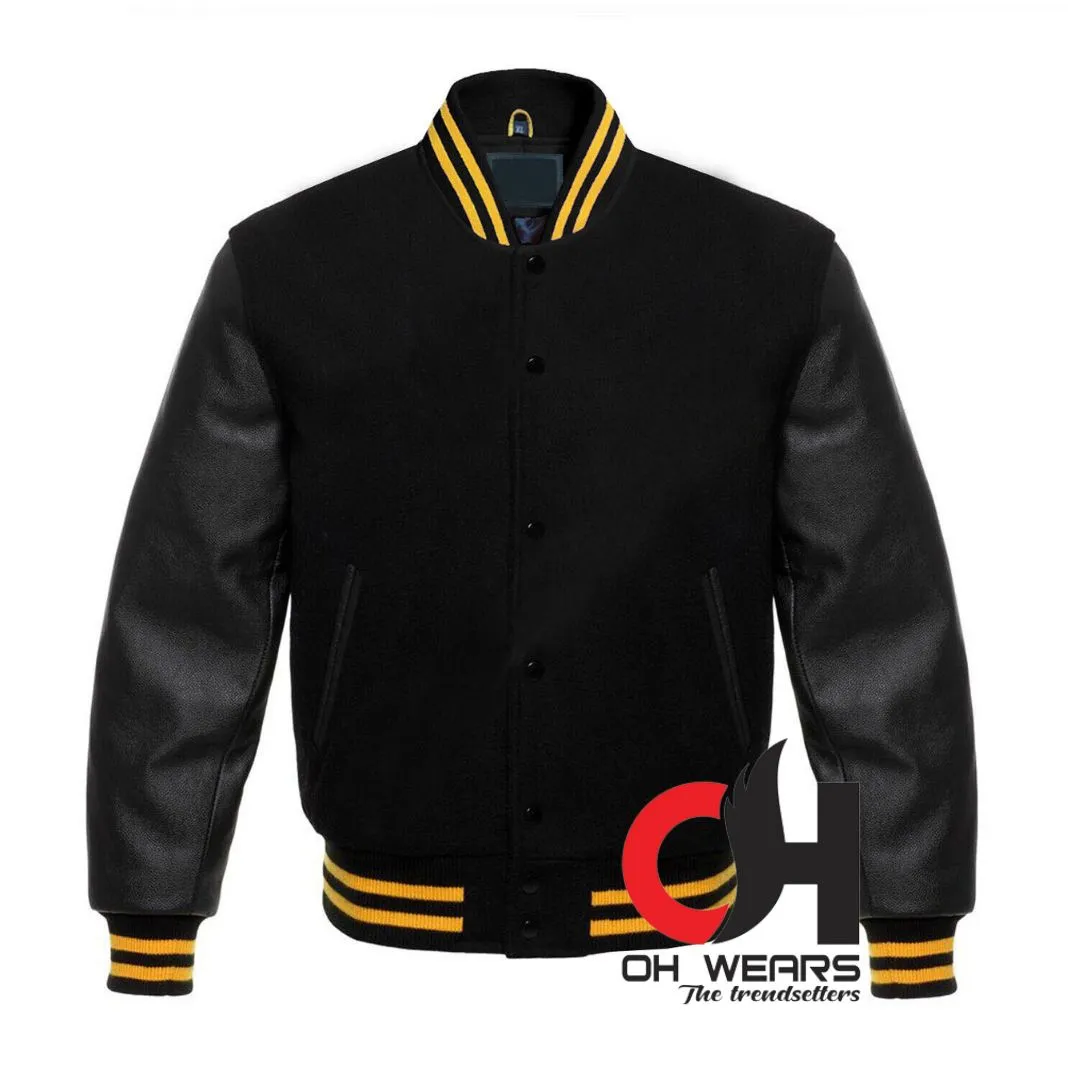 Black Wool and Genuine Black Leather Sleeves Varsity Jacket