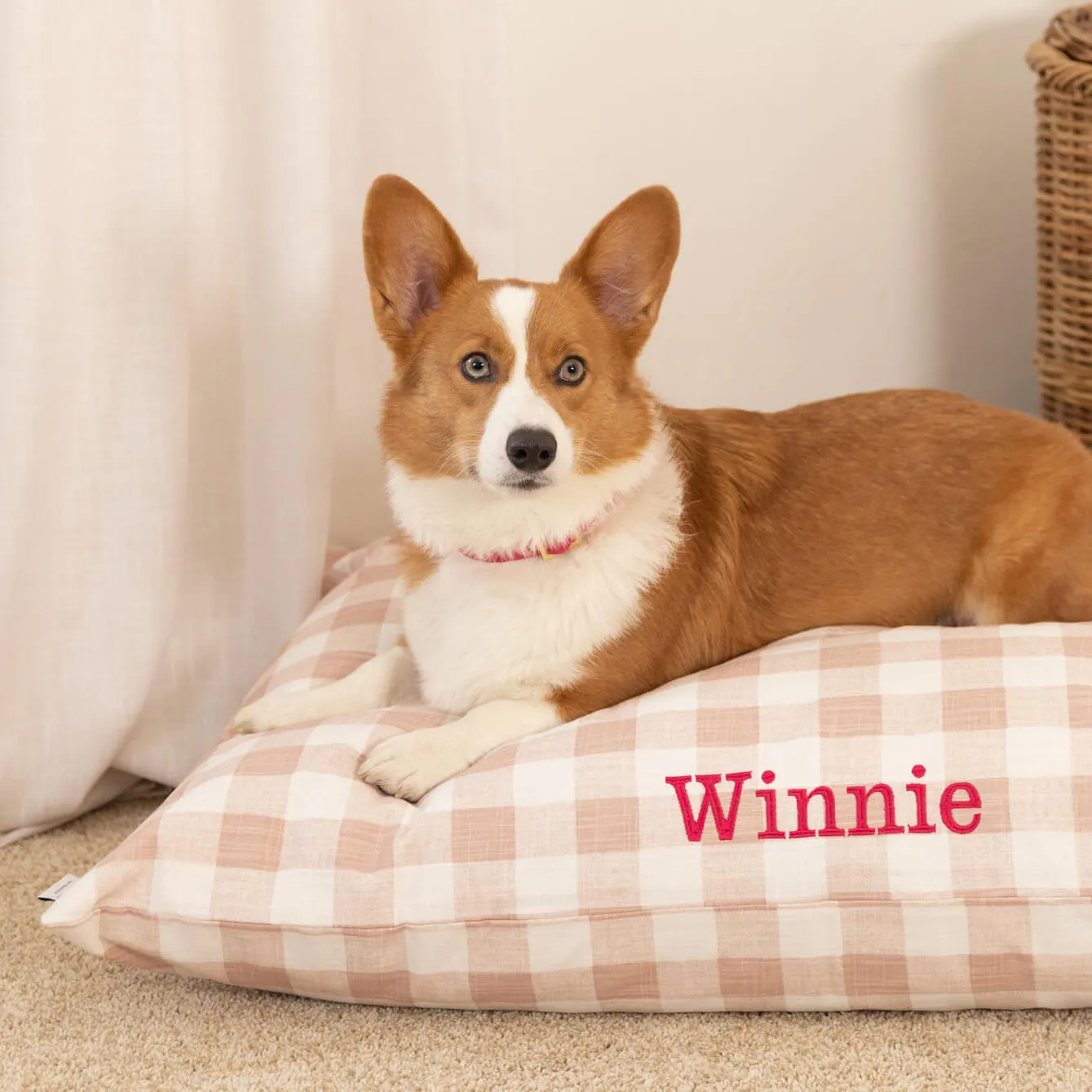 Blush Pink Gingham Check Dog Bed