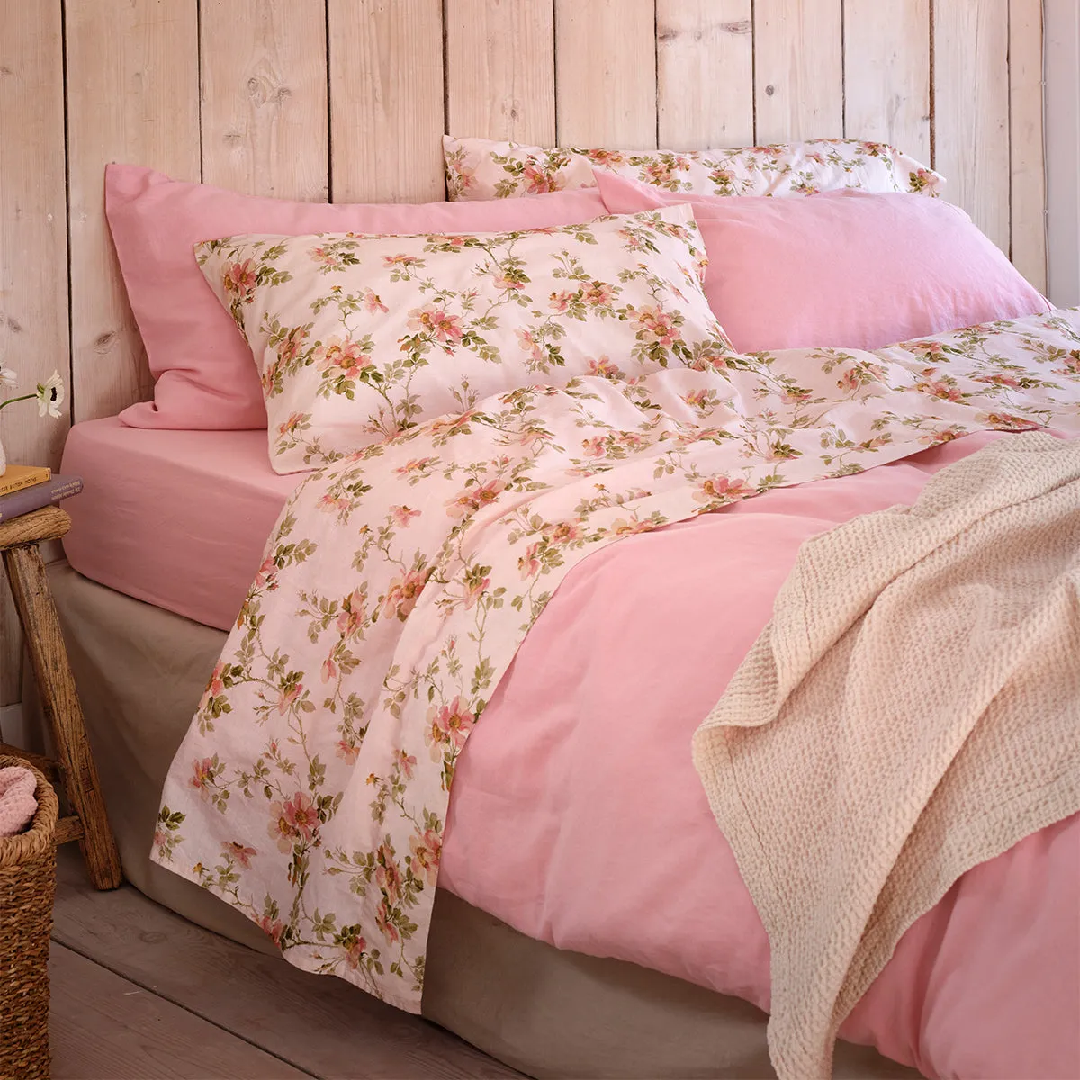 Cream Pastel Field Rose Linen Blend Flat Sheet