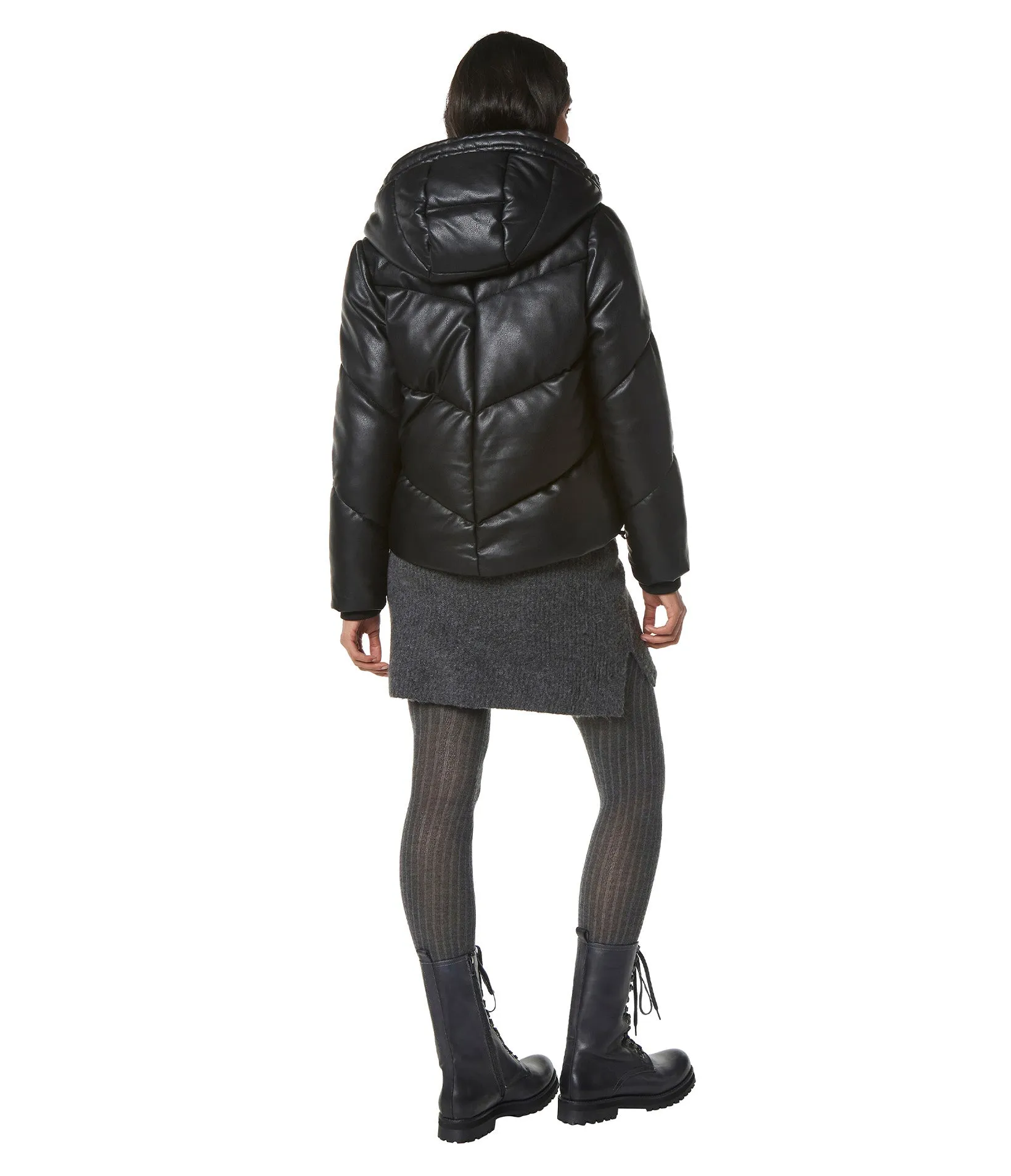 Faux Leather Puffer With Hood