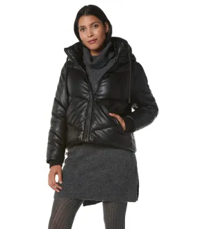 Faux Leather Puffer With Hood