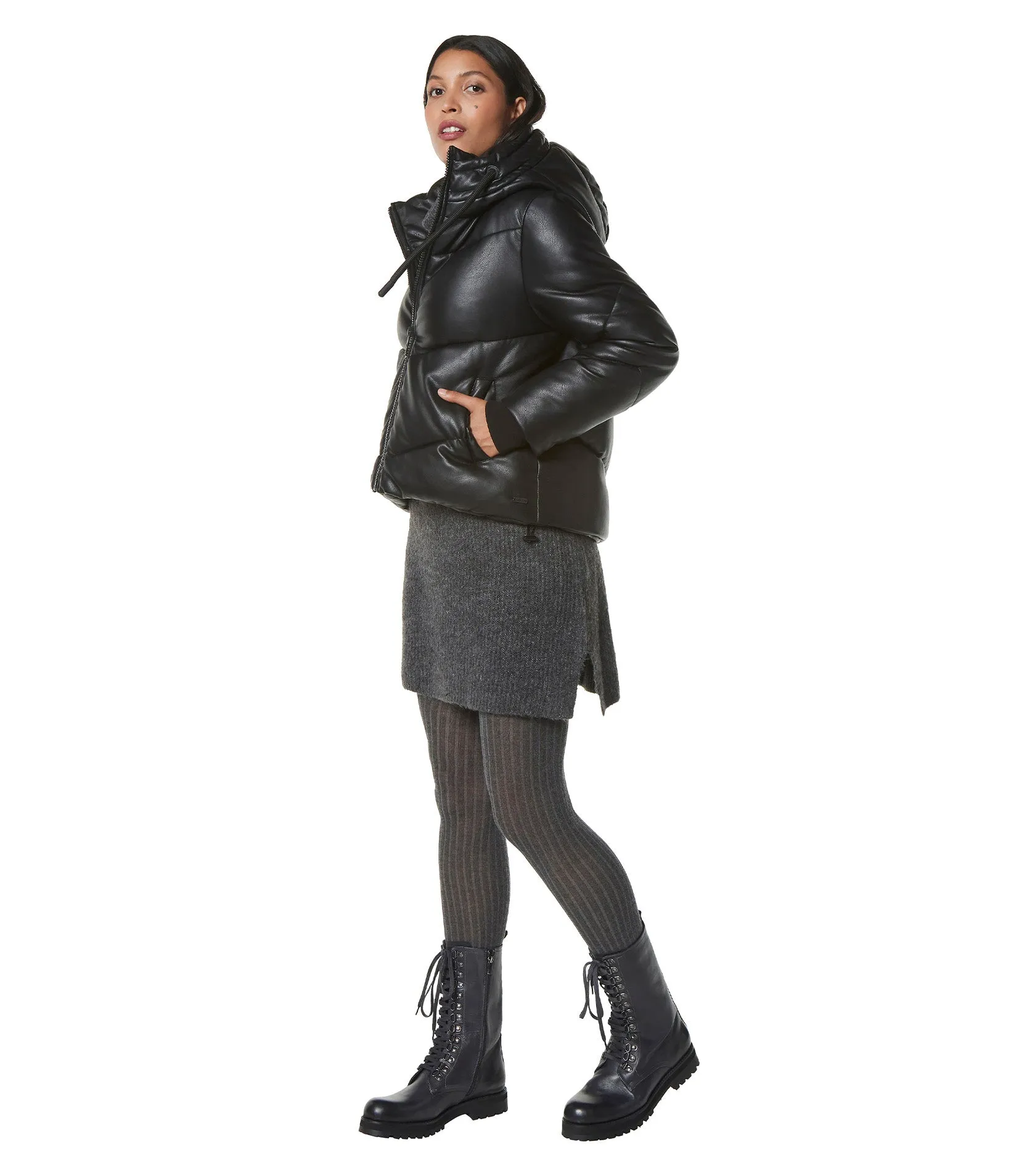 Faux Leather Puffer With Hood