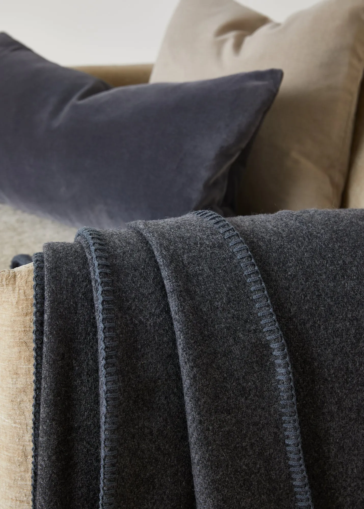 Foxford Charcoal Blanket Stitch Cashmere Blend Throw