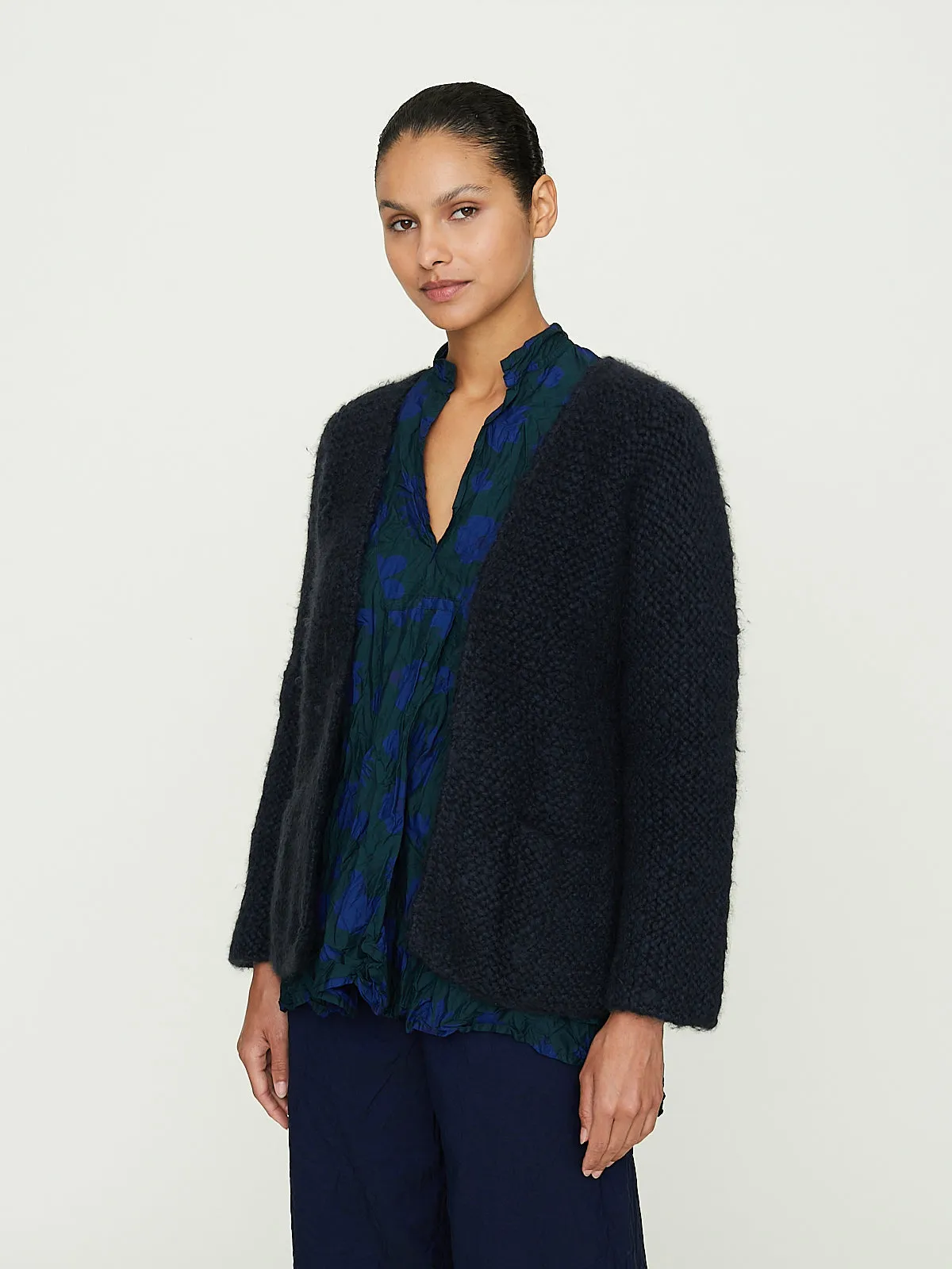 Giacca Legaccio Hand-Knitted Jacket Collo V in Dark Blue