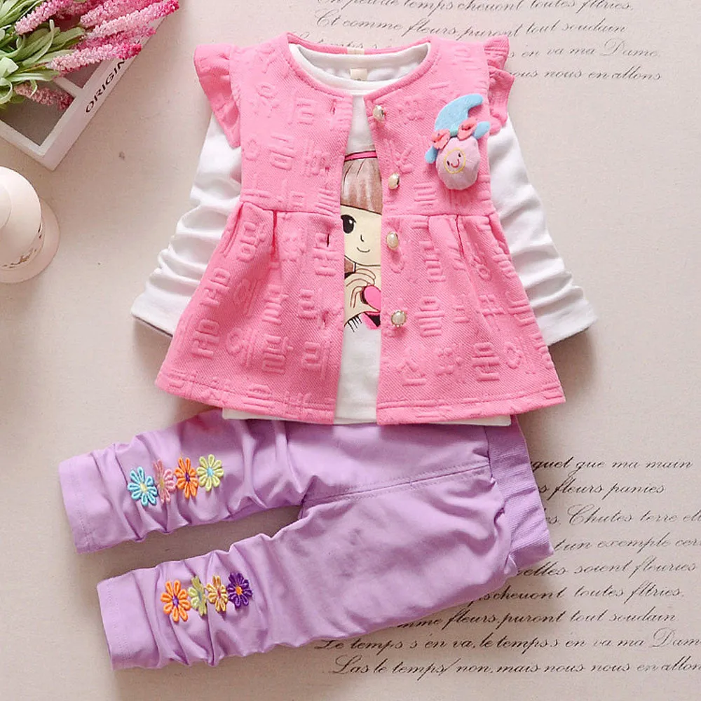 Girls clothing set 3PCs Long Sleeve Flower Vest shirt Pants Outfits Set Winter clothes