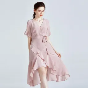 High Quality V-neck Elegant 100% Silk Dress For Ladies