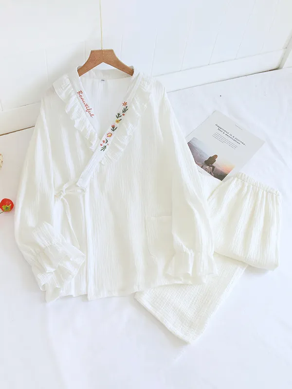 Letters Floral Embroidered Cotton Pajamas