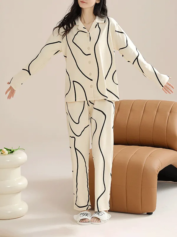 Long Sleeve GeoStripe Pattern Cotton Pajama Set