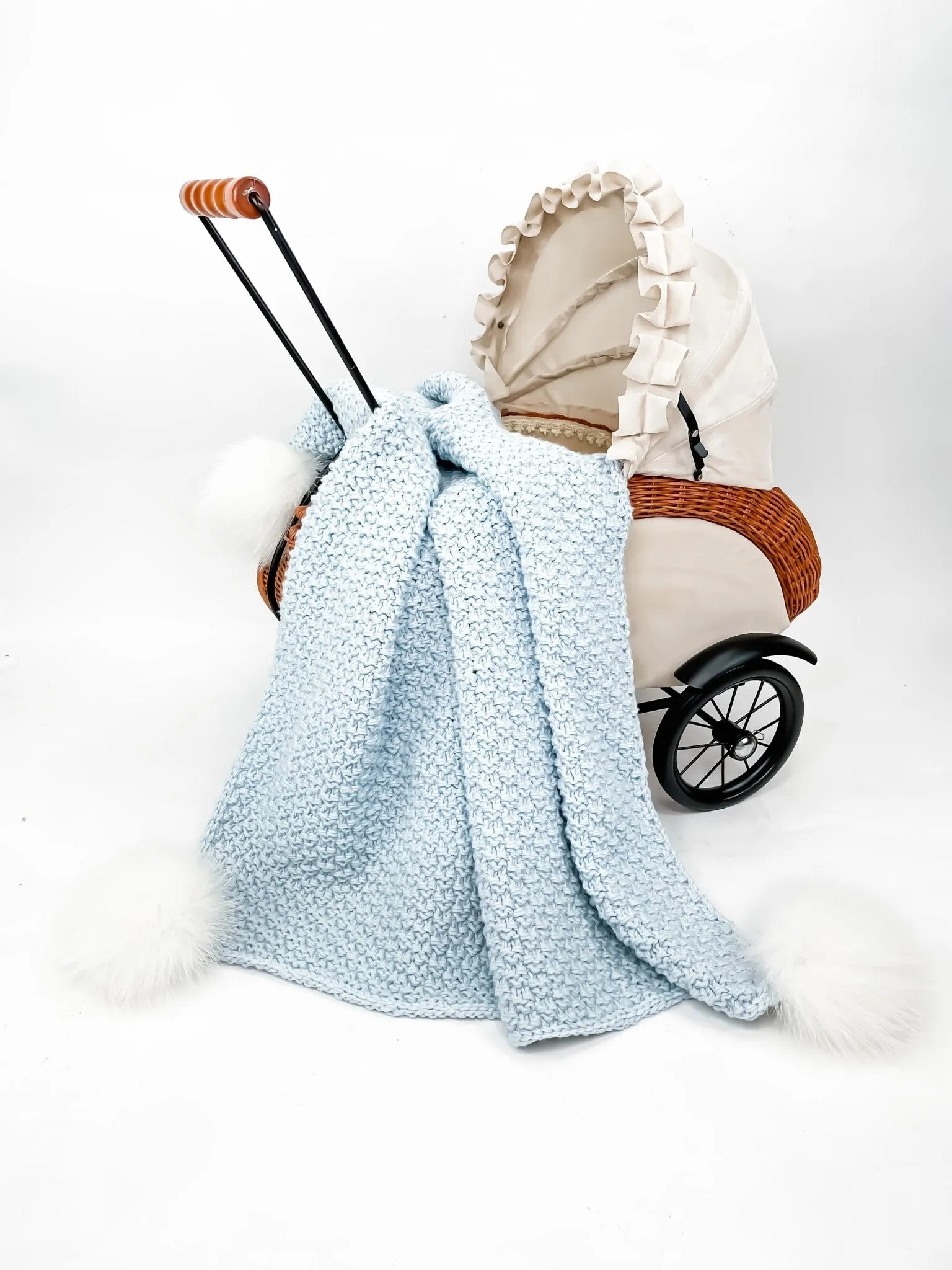 Merino Wool Baby Blanket with Fox Fur Pom Poms