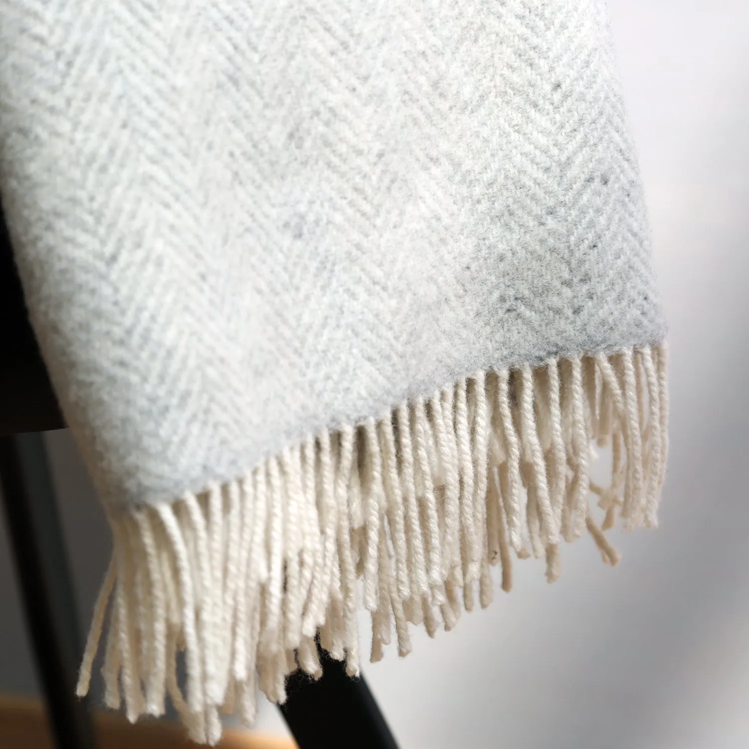 Pale Grey & Cream Herringbone Merino & Cashmere Blanket