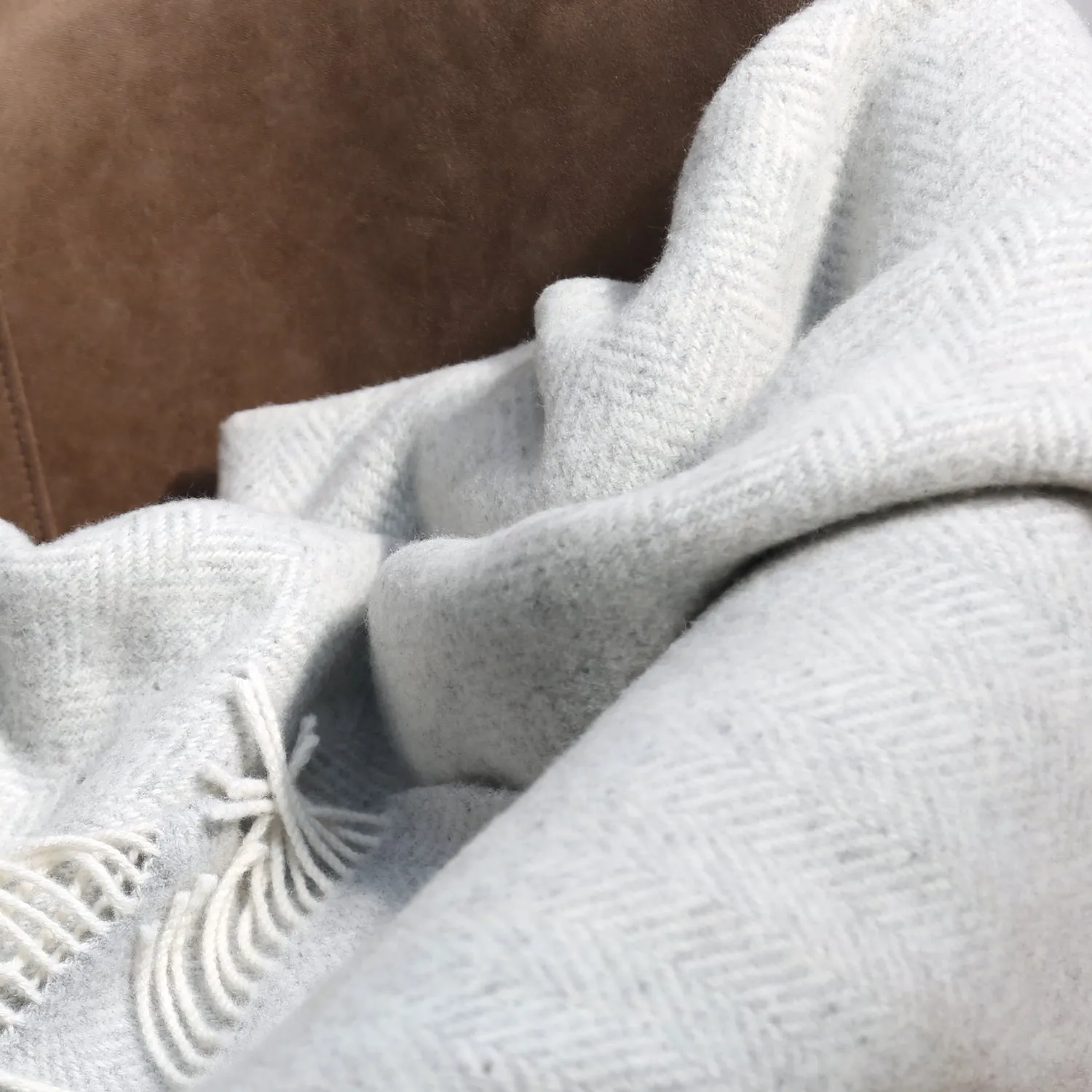 Pale Grey & Cream Herringbone Merino & Cashmere Blanket