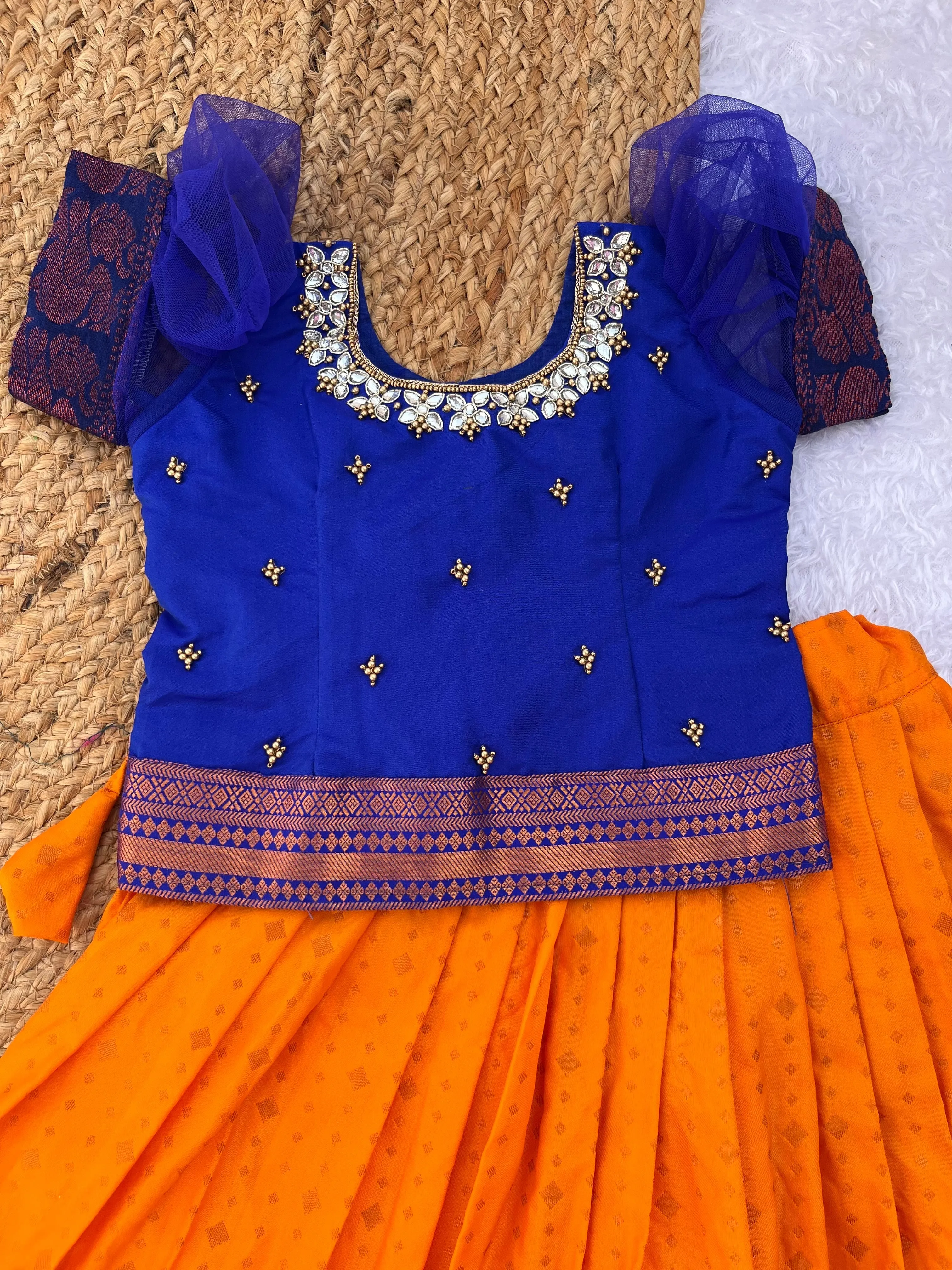 PRE ORDER : Vibrant Blue and Orange Girls Lehenga with Aari Work