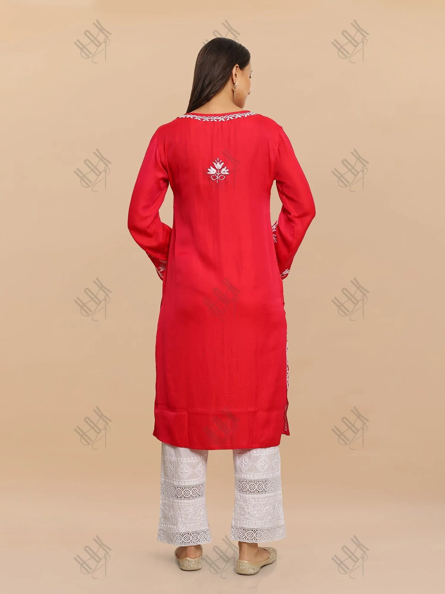 Saba Chikankari Long Kurta in Barfi Silk - Red