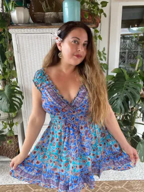 Short boho silk tiered dress (blue n brown)