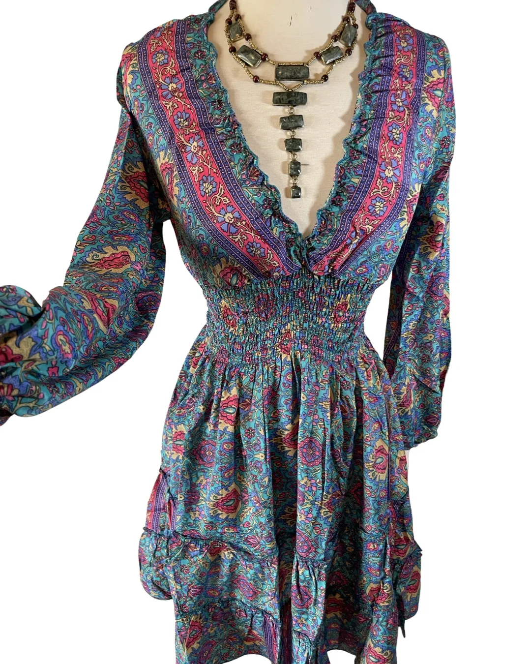 Short boho silk tiered dress w/ balloon sleeves (blue -pink)