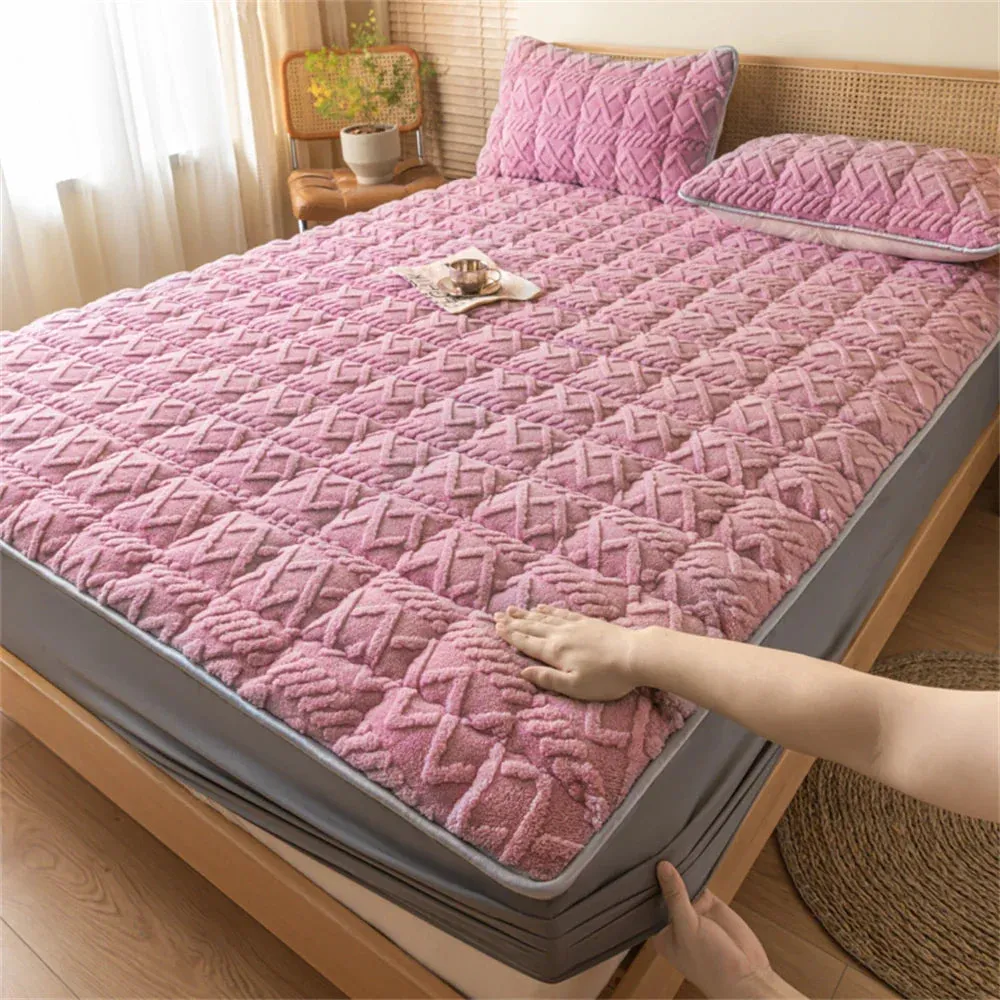 SINOTAO  -  1PC Winter Warm Fitted Sheet Bedroom Decoration Bed Sheet Taff Velvet Fleece Bed Sheet Thicken Mattress Protectors No Pillowcase