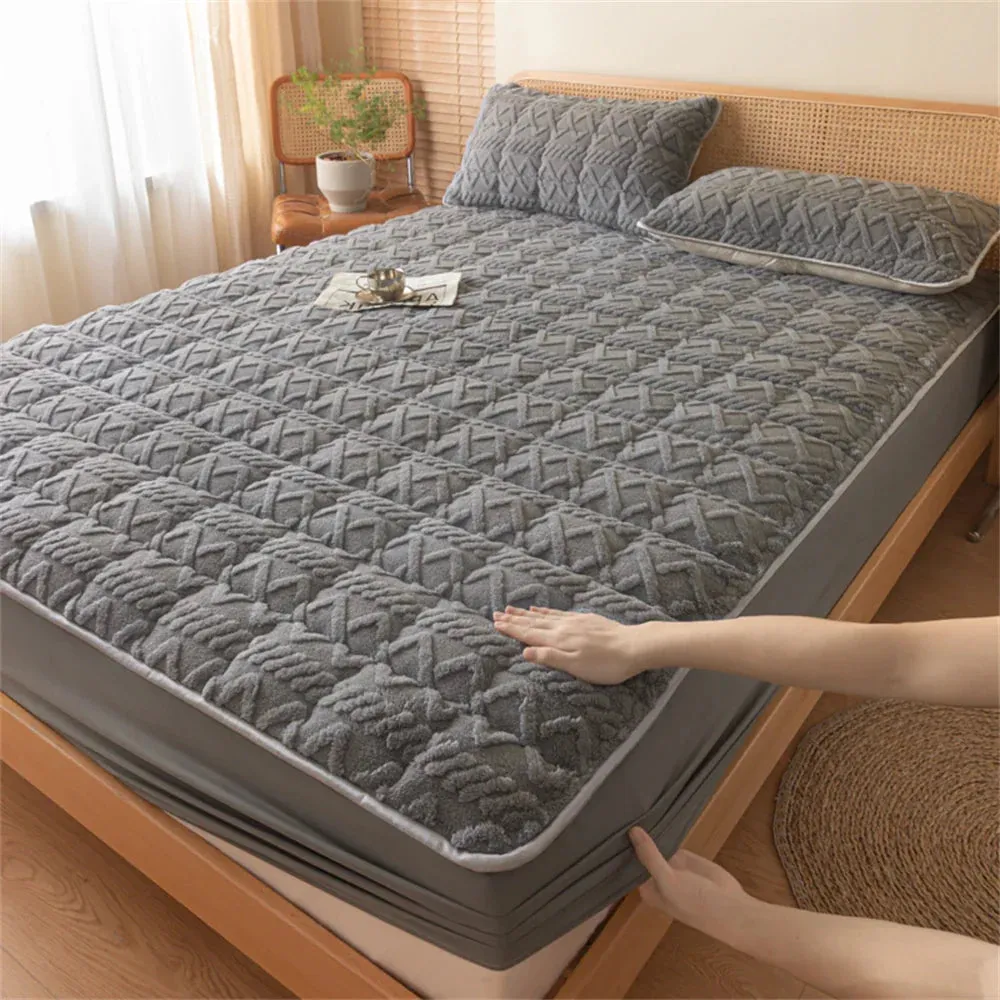 SINOTAO  -  1PC Winter Warm Fitted Sheet Bedroom Decoration Bed Sheet Taff Velvet Fleece Bed Sheet Thicken Mattress Protectors No Pillowcase