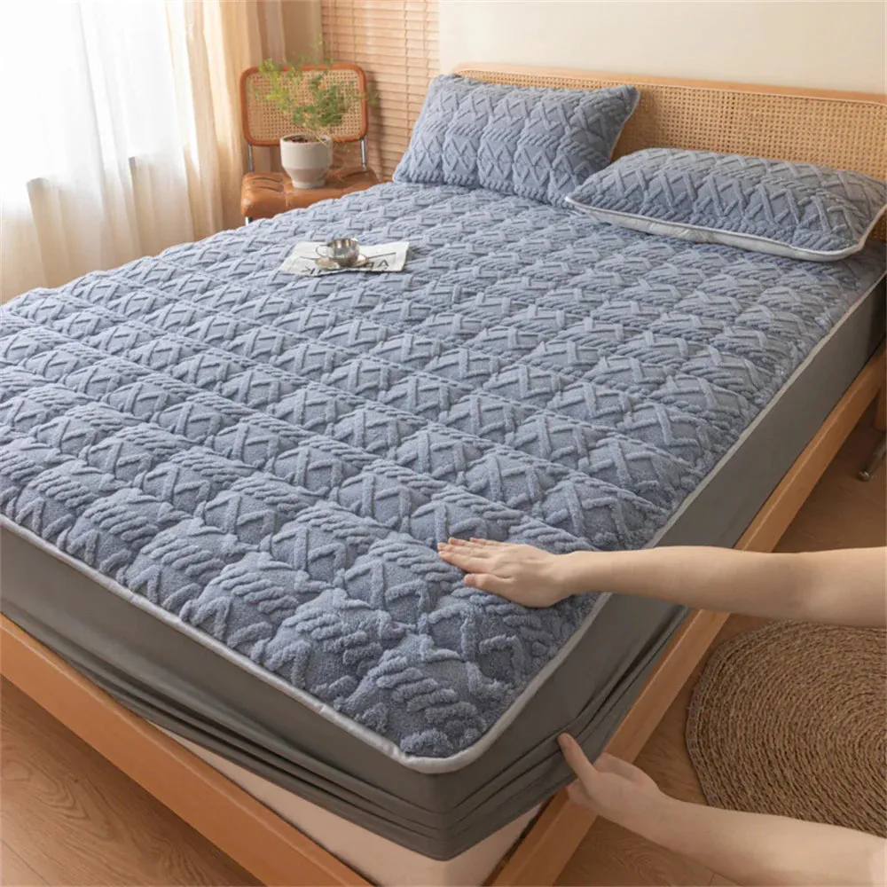 SINOTAO  -  1PC Winter Warm Fitted Sheet Bedroom Decoration Bed Sheet Taff Velvet Fleece Bed Sheet Thicken Mattress Protectors No Pillowcase