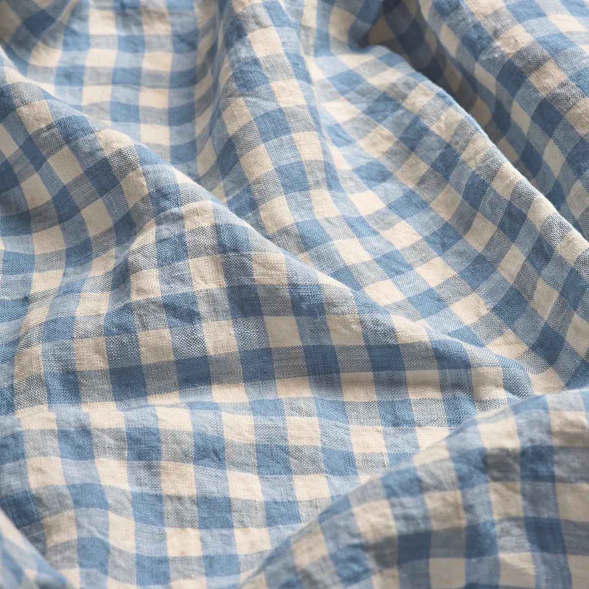 Warm Blue Gingham 100% Linen Flat Sheet