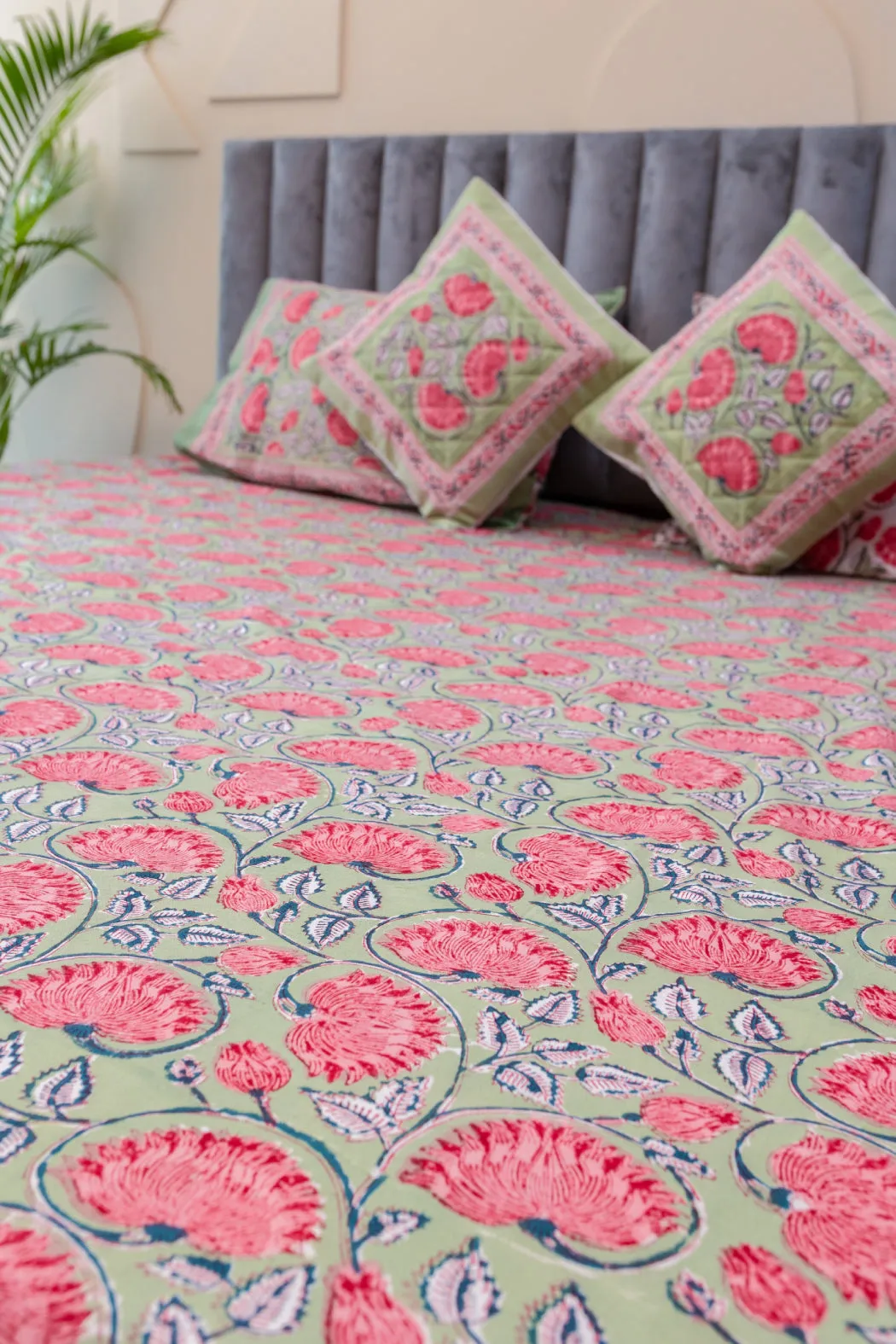 Whispering Meadows Hand Block Print Premium Cotton Bedsheet with 2 Pillow Covers & 2 Cushion Covers