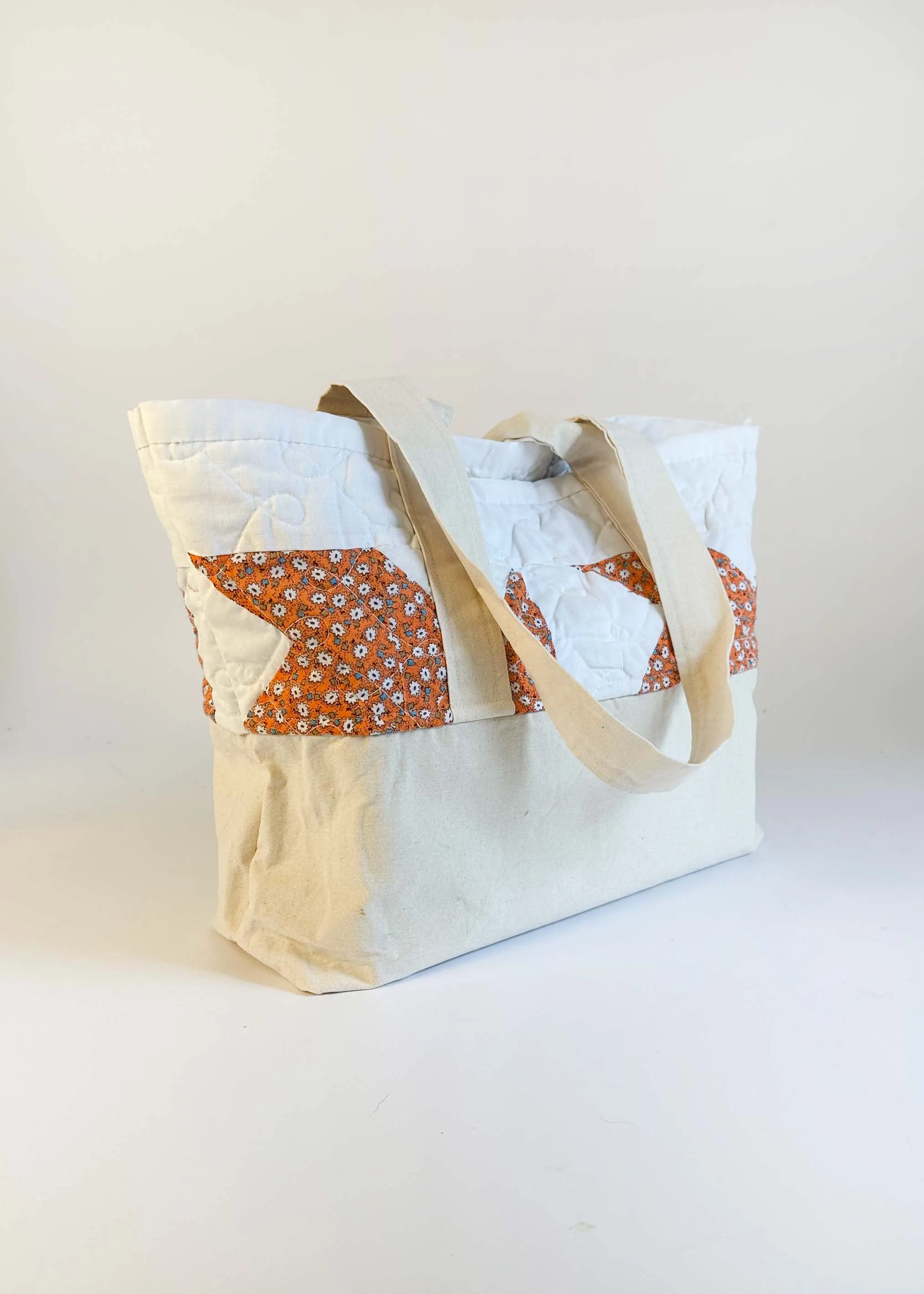 White and Orange Recycled Quilt Canvas Bag